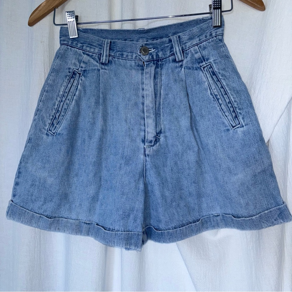 Blue Jean Shorts with Paper-Bag Waist and Rolled Hem